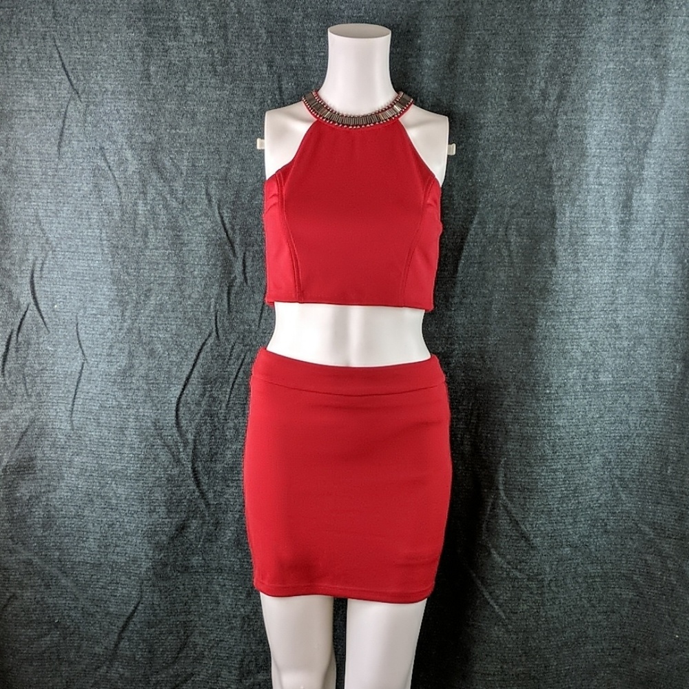Forever 21 Red Beaded Halter Crop Top & Mini Skirt Set